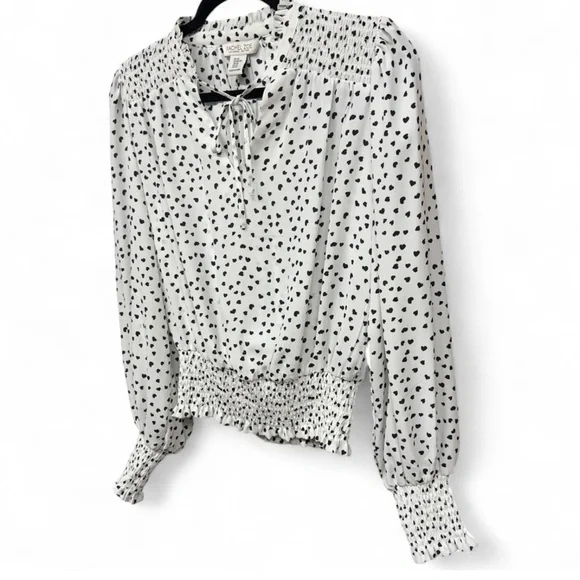 Rachel Zoe Heart Print Smocked Waist Tie Neck Blouse White Black XS - Picture 3 of 9